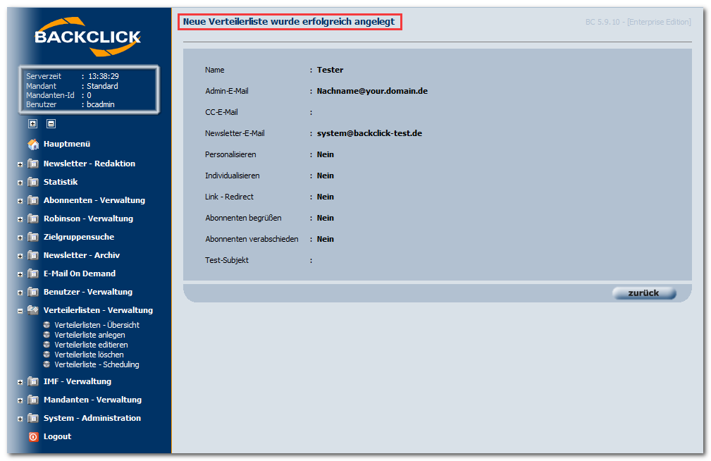 Angelegte_Verteilerliste_Übersicht_Email_Marketing_Software_BACKCLICK